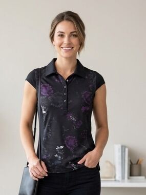 Callaway Black Golf Polo Tank with Purple Floral Print Size Small